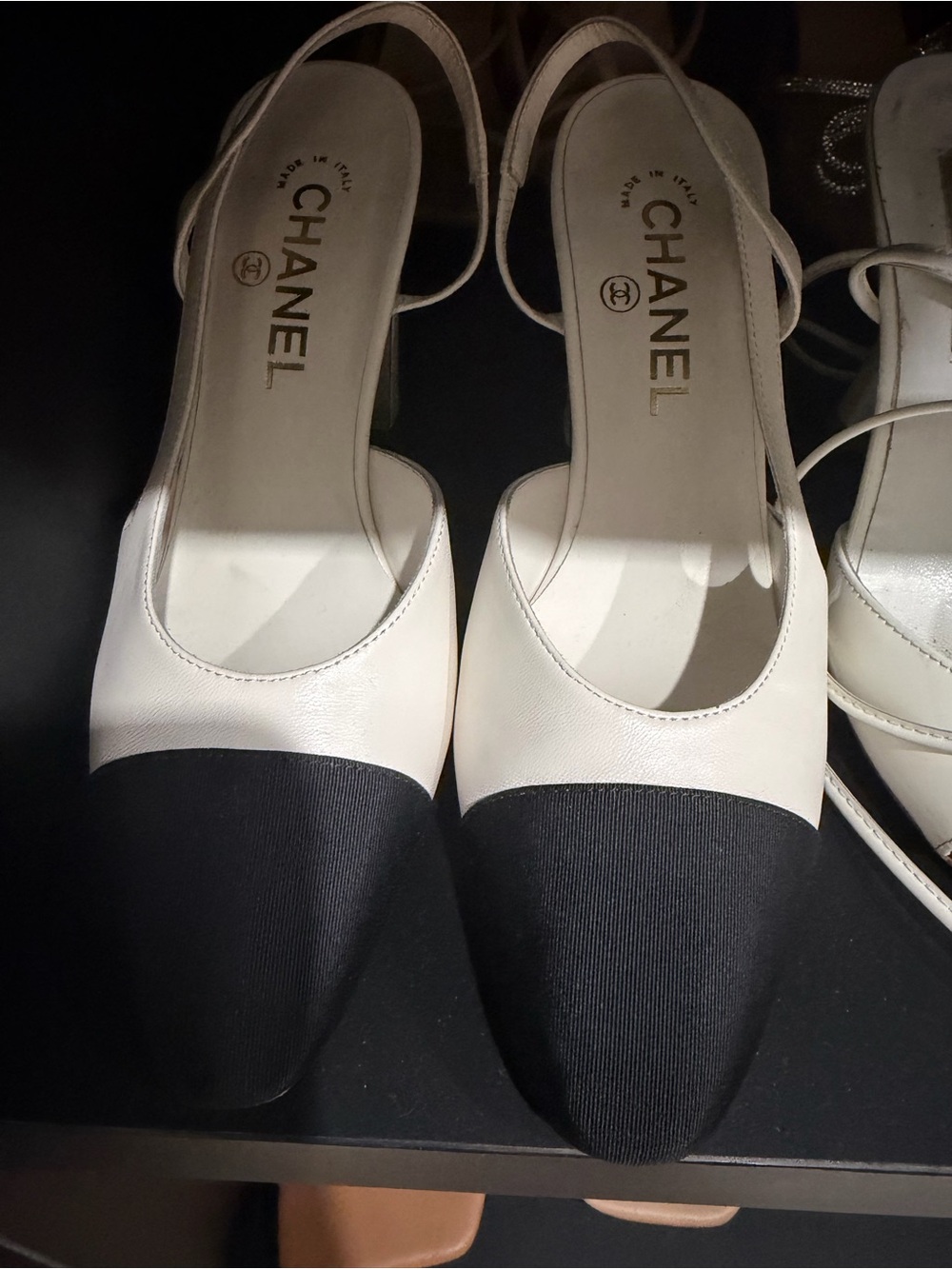 CHANEL White Leather Slingback Pump with Black Cap Toe - Picture 10 of 14